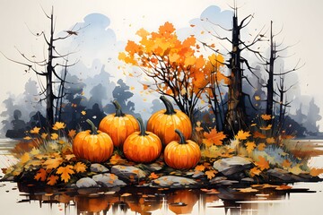 Painted drawing; pumpkins on an island, dry autumn trees and Mirror reflection in water, watercolor, paint. Pumpkin as a dish of thanksgiving for the harvest.
