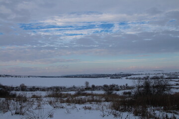 A snowy landscape with trees and a cloudy sky