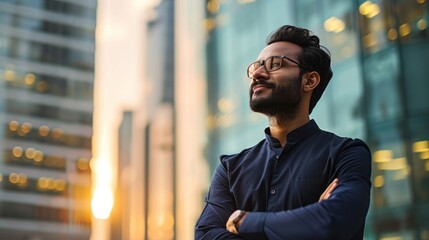Happy wealthy rich successful indian business man standing in big city modern skyscrapers street on sunset thinking of successful future vision, dreaming of new investment opportunities, Generative AI