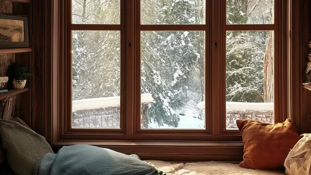 Winter Cabin Interior with Wide Window, Looped footage