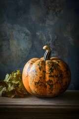 Sick pumpkin next to the leaves on a wooden table top dark background. Pumpkin as a dish of thanksgiving for the harvest.