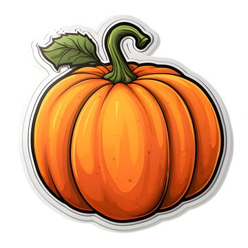 Sticker pumpkin with leaf. Pumpkin as a dish of thanksgiving for the harvest, picture on a white isolated background.