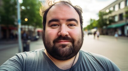 an ordinary slightly plump man making selfie outdoors. Portrait of a middle-aged happy guy on the street