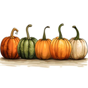 Illustration of five pumpkins arranged in a row. Pumpkin as a dish of thanksgiving for the harvest, picture on a white isolated background.
