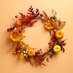 Flower crown, round frame with autumn flowers, harvest, leaves and rowan fruit, banner with space for your own content. Orange background.