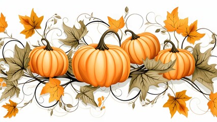 Pumpkins and autumn leaves and vines, banner with space for your own content. White background color.