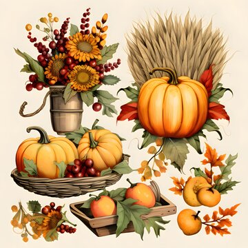 Stickers related to harvest, vegetables, fruits. Pumpkin as a dish of thanksgiving for the harvest, picture on a white isolated background.