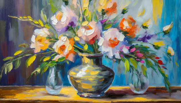 Beautiful and elegant oil painting flowers in vase, modern impressionism art