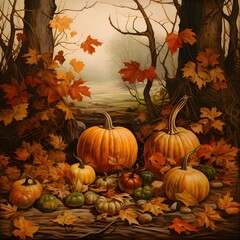 Autumn season leaves falling from the trees and pumpkins all around. Pumpkin as a dish of thanksgiving for the harvest.