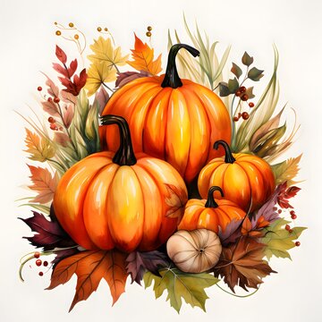 Illustration of pumpkins around autumn leaves. Pumpkin as a dish of thanksgiving for the harvest, picture on a white isolated background.