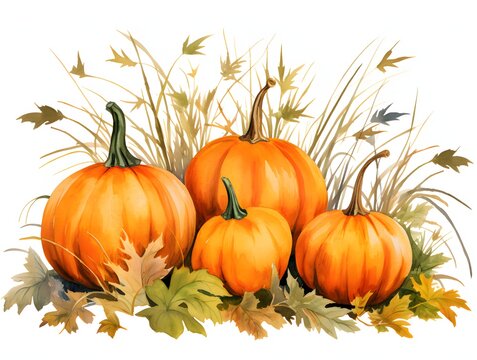 Pumpkins around them autumn leaves and tall grasses. Pumpkin as a dish of thanksgiving for the harvest, picture on a white isolated background.
