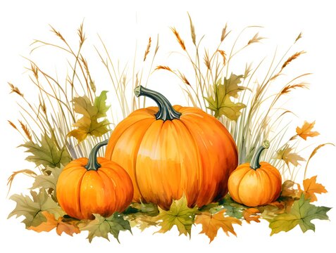 Pumpkins around them autumn leaves and tall grasses. Pumpkin as a dish of thanksgiving for the harvest, picture on a white isolated background.
