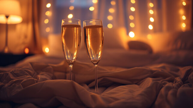 Product photograph of two glasses of champagne on a table in bedroom. Dramatic light. Drinks. Valentines. Love