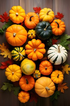 An aerial view of colorful pumpkins, on dark boards. Pumpkin as a dish of thanksgiving for the harvest.