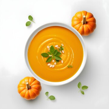 Top view of a bowl with pumpkin soup and basil leaves. Pumpkin as a dish of thanksgiving for the harvest, picture on a white isolated background.