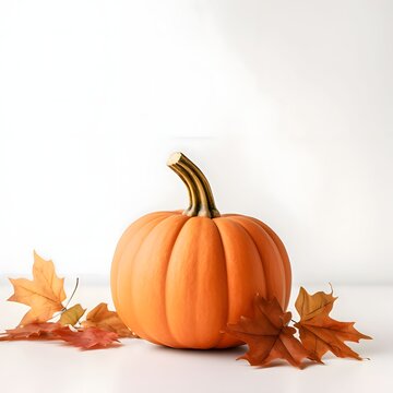 Pumpkin and dry maple leaves. Pumpkin as a dish of thanksgiving for the harvest, picture on a white isolated background.
