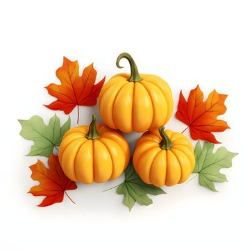 Three small orange pumpkins and autumn leaves. Pumpkin as a dish of thanksgiving for the harvest, picture on a white isolated background.