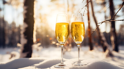Product photograph of two glasses of champagne in the snow In a winter forest. Sunlight.  Drinks. Valentines. Love
