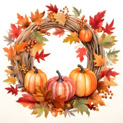 Circular frame with leaves, vines and pumpkins on a white background.