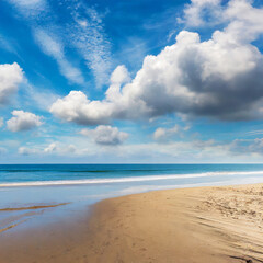Beautiful cloudscape over the ocean with an empty sandy beach
