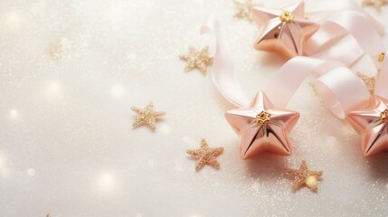 Fototapeta na wymiar Elegance in Celebration: Chic Tree Decorations, Golden Ornaments, and Sparkling Stars - New Year Wishes on a Pastel Canvas