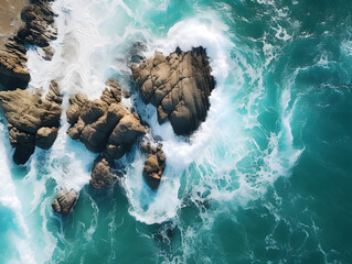 Aerial view of sea waves crashing on the rocks, Aerial view of a rocky coastline with waves breaking on it. - Powered by Adobe