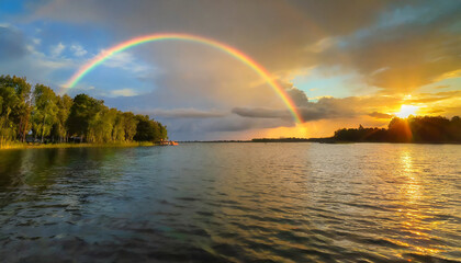 Beautiful cloudscape over the lake during sunset with a rainbow