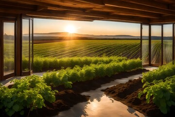 Envision a super realistic portrayal of a panoramic view, highlighting the vibrant colors of fields and the orderly rows of currant bush seedlings.