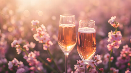 Product photograph of two glasses of champagne in a field of blooming flowers. Sunlight. Drinks. Valentines. Love - obrazy, fototapety, plakaty