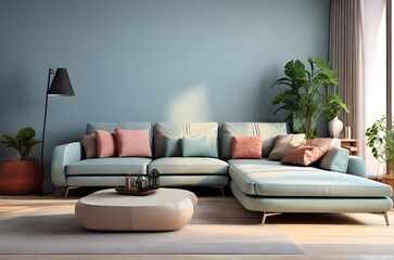 Modern living room with modern furniture and sofa, pillows with houseplants. Sunlight comes to living room through window. Modern Interior decoration. Photorealistic. Neutral living room
