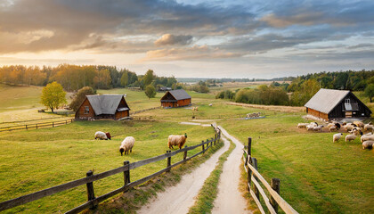 Beautiful countryside nature panorama view with green field, cow, hay and rural houses with sheep. Agricultural and ecological products, concept. Sand path leads to wooden houses - obrazy, fototapety, plakaty
