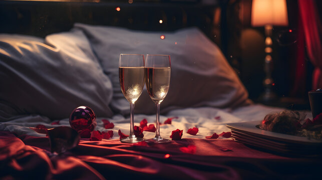 Product photograph of two glasses of champagne on a table in bedroom. Dramatic light. Drinks. Valentines. Love