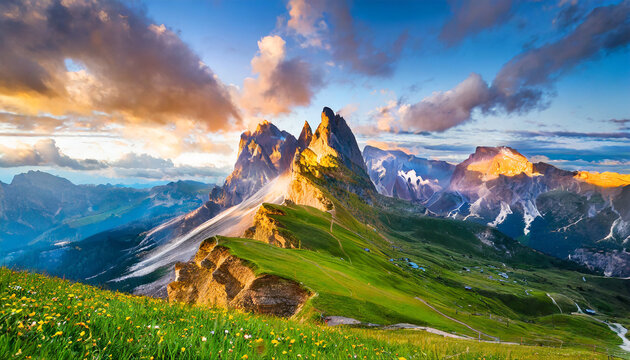 Beautiful cloudscape over the seceda peak at sunrise in summer