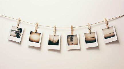 Polaroid Photos Hanging on Clothes Line With Clothes Pins