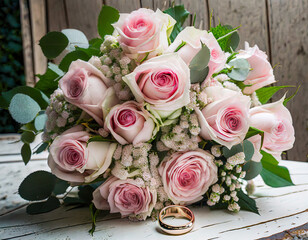 bouquet of pink roses with a wedding ring; elegant gift