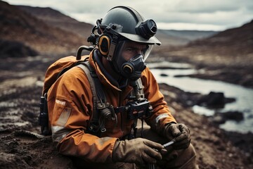 A Visionary Exploration of Mine Awareness and Safety, A Person with Safety Kit and Cutting-Edge Mine Searching Machine