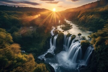 Drone photography of an autumn landscape with waterfalls and forests