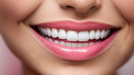 Healthy white teeth and pink gum of a woman. Dental care and teeth whitening concept. Oral care dentistry. Beautiful smile. Perfect healthy teeth. Confident dental beauty.