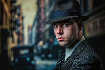 Studio portrait of an American man dressed as a vintage 1920s gangster, with a backdrop of an old city street.
