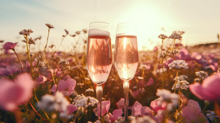 Product photograph of two glasses of champagne in a field of blooming flowers. Sunlight. Drinks. Valentines. Love