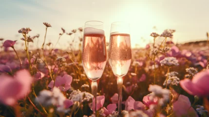 Foto op Plexiglas Product photograph of two glasses of champagne in a field of blooming flowers. Sunlight. Drinks. Valentines. Love © MadSwordfish