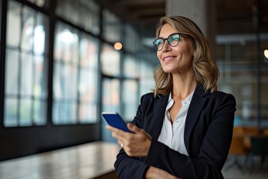 Happy mature business woman executive holding cell phone looking away in office. Smiling mid aged 40s professional businesswoman manager entrepreneur using cellphone working on smartphone.GenerativeAI