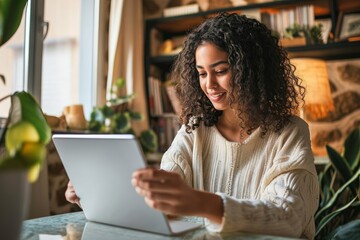 Young happy latin woman, curly casual girl student using tablet and laptop elearning or remote hybrid working at home online looking at tab technology device sitting at table in living, Generative AI - obrazy, fototapety, plakaty