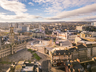 Aerial view of Bradford City Centre including Town Hall on a sunny day