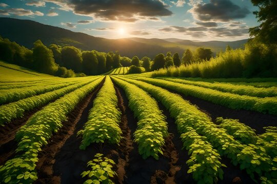 Immerse yourself in the perfection of nature captured in a panoramic image. Behold colorful fields and rows of currant bush seedlings, brilliantly lit to create a super