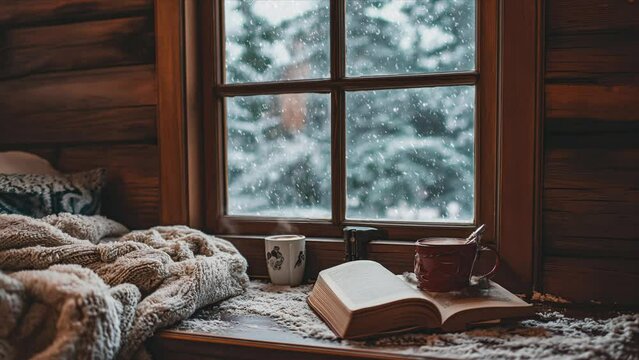 Winter Cabin Interior with Wide Window, Coffee Time, Looped footage