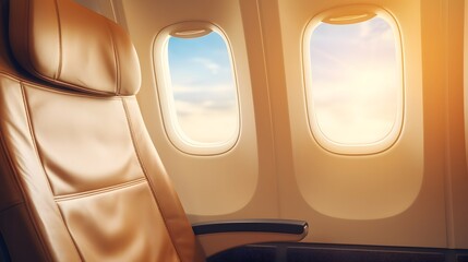 Plane window with white sunlight. Empty plastic airplane tray table at seat back. Economy class airplane window. Inside of commercial airline. Seat with armchair. Leather seat of economy class plane.
