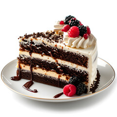 Slice of Cake on plate side view  isolated on white background