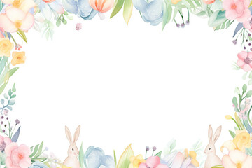 Fototapeta na wymiar a frame incorporating elements of an Easter egg hunt, showcasing decorated eggs hidden among flowers, along with cute bunnies, nests, pastel-colored