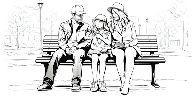 Three People Sitting on a Bench, a Black and White Drawing